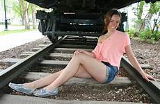 train railroad woman legs tracks shorts sitting feet brunette girl young denim jeans wallpaper beautiful photoshoot beauty dress hair eyes