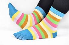 socks toe women finger five stripped colorful cotton