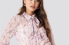 pussy bow blouse kd na print floral pink sheer