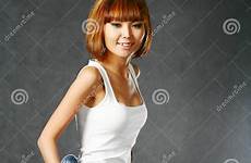 japanese beautiful girl stock grey jeans dark background over preview dreamstime
