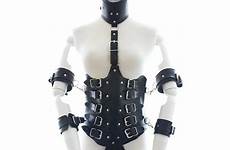 leather restraints corset sexy waist cincher female bondage collar lock attached underbust arm down costumes