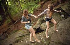barefoot walking girls forest boulder dissolve stock d145