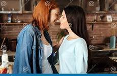 kissing lesbians close kiss moment stock dreamstime touching haired women shoulder preview royalty