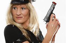 blonde cop policewoman isolated posing handgun gun alamy female shopping cart