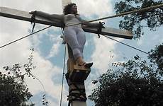 female crucified cross crucifixion roman romo rafaela orozco mexican wooden severe standing candidate self women tied mexico being elections local