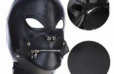 bondage leather mask mouth hood zipper head eyes slave bdsm full women open restraint pu harness sex men detachable lace