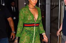 rihanna nip slip celeb upskirt sheer nipples braless slips outfit exposes her green bared again celebs times eonline gc kamau