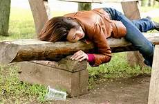 drunk sleeping woman bench down face asleep wooden off park her lying leather stock colourbox