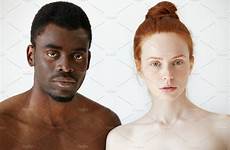 man woman african looking caucasian standing interracial mixed couple shirtless beautiful camera portrait young race headshot serious people male expression
