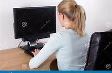 computer back woman using office personal stock young royalty dreamstime