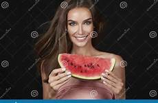 healthy food eating watermelon beautiful blac tasty diet organic smile brunette woman background white sexy preview nutrition