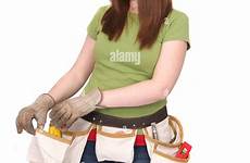 woman construction tools beautiful pretty stock expressive hardhat worker belt working alamy over