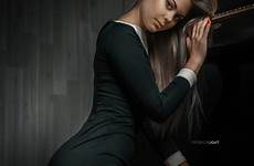 sensual kneeling dress pantyhose piano women viewer gaze nails portrait blonde display looking hair long red model wallpaper indoors alexander