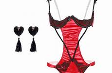 cupless open lingerie red crotch crotchless bra lace teddy teddies bodysuit women exotic temptation pajamas strap eyelashes siamese steel sexy
