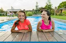 pool swimming girls fun having young two teenage stock healthy outdoor