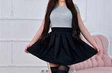 stockings webcamdolls sheer miniskirt pleated brunette girl webcam access girls online click