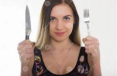girl holding bathing fork hungry knife slim suit concept close
