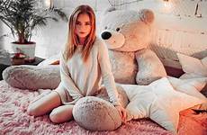 polina blonde wallpaper women girl bed teddy bear model bears sitting socks ivan gorokhov portrait sweater wallpapers woman wall stuffed