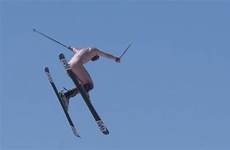 naked skier ski jump skiing event wonder hit annual down sport competes against falling scroll