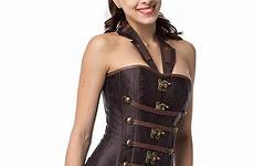 corset women corsets leather collar steampunk top gothic hot brown waist overbust sale trainer zipper bustiers