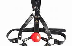 bondage leather head gag harness ball restraint mouth open 42mm silicon red faux women fetish rubber solid adult toys games