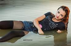 shorts stockings girl sneakers wet water wetlook lake denim wetfoto swimming