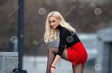 pantyhose legs perfect girl city heels high blonde beautiful outdoor skirt square red stock shoes pretty