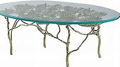 Benjara 47 Inch Artisanal Coffee Table with Metal Frame, Oval Clear Glass Top, Gold