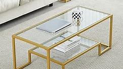 Golden Metal Glass Coffee Table - Two-Tiered with Tempered Glass, Stylish Metal Frame Coffee Table for Bedroom, Dining Room, Office Room.