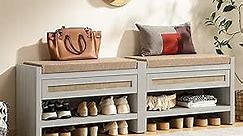 SICOTAS Rattan Shoe Bench Entryway Bench with Storage Drawer and Linen Seat Cushion, Farmhouse Shoe Rack Bench with Shelf, Wooden Storage Bench for Entryway Hallway Bedroom, Whitish-gray Oak, 2PCS
