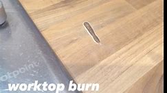 Worktop burn mark repair. Our customer had left a hot item on the counter top side causing the burn mark you see in picture one. Burn marks, pan burns, chips, scratches and water damaged joints all repaired with invisible results every time. #kitchen #kitchenworktop #worktoprepair #worktopchiprepair #worktopscratchrepair #worktopburnrepair #worktopwaterdamagerepair #manchester #leeds #repair #Liverpool | The Repair Guys