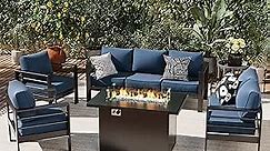 UDPATIO Oversized Aluminum Patio Furniture Set with Fire Pit, 7 Seats Modern Outdoor Furniture with Thickness 5" Cushion, Metal Patio Sectional Couch Sofa with Firepit Table