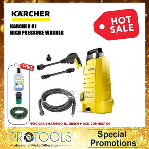 Hose 10m inlet 3m ac cable 8m weight 47kg voltages 240v/1ph/50hz pressure max 110 bar flow rate 480l/hr power 2200w motor induction auto stop star. KARCHER K1 HIGH PRESSURE WASHER CLEANER FOC 3 THING ...