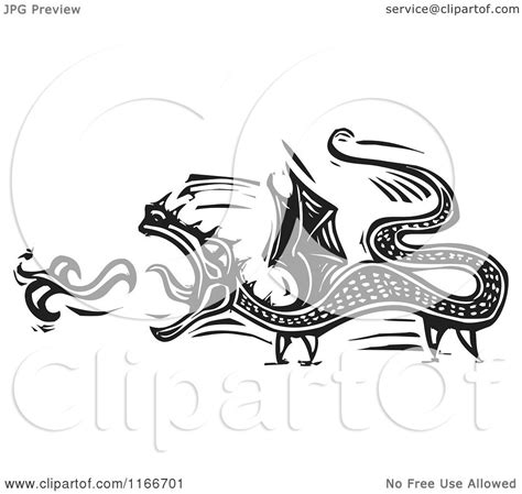 Vector illustration of camp fire. Clipart of a Fire Breathing Dragon Black and White Woodcut ...