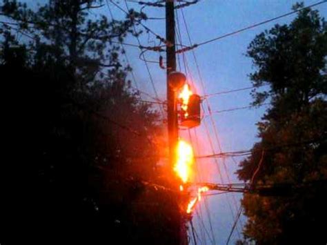 The resolution of image is 570x700 and classified to telephone, telephone pole, power lines. Transformer and power pole on fire - YouTube