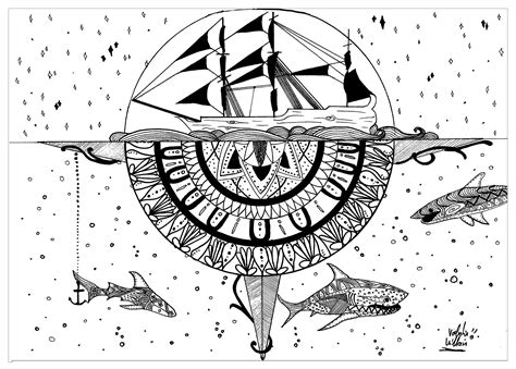 Un dessin de mandala à colorier de mille et unes façons. Water mandala - Water worlds Adult Coloring Pages