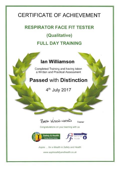 Existing qualitative fit test methods like irritant smoke, banana oil and saccharin are limited by validation and legislation to pass/fail levels equal to a fit factor of 100. IW Face Fit certificate - Craven Safety Services