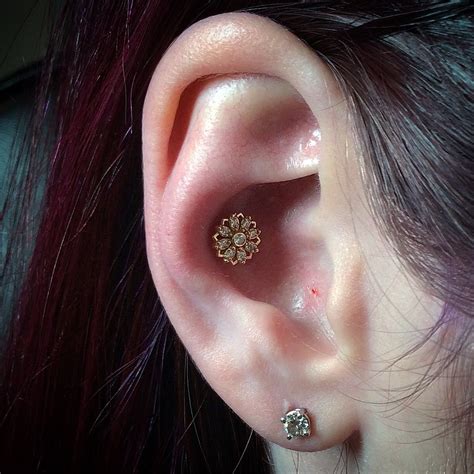 Thinking about getting a conch piercing? Inner Conch Piercing featuring a 14k Yellow Gold & Diamond ...