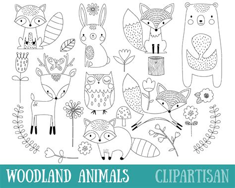 Hand drawn vector on a white background. Woodland Animals Digital Stamp Line Art EPS Vector | Etsy