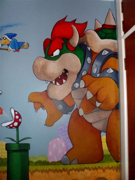 After painting the walls a sky blue, the end portion was taped off in a zigzag pattern and painted black. Super Mario Brothers. murals for boys bedroom. Loads of ...