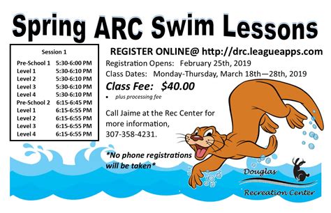 Privates cannot happen during swim team or group lesson times. 2019 Session 1 ARC Swim Lessons : Douglas Rec Center