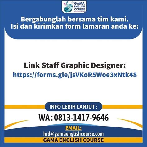 Dalam informasi yang kami kutip dari kumparan.com dan careers.bukalapak.com disebutkan bahwa saat ini bukalapak sedang membuka lowongan kerja untuk beberapa posisi di beberapa divisi. Lowongan Kerja Desainer Gama English Course - INFO LOKER SOLO