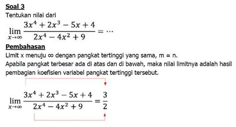 Cara pertama dengan rumus yang ada diatas, sehingga langsung didapatkan: Soal Dan Pembahasan Limit Tak Hingga Bentuk Pecahan ...