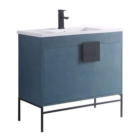 On black or dark vanities notice how both of these bathrooms share nickel faucets and square brass mirrors, but the top bathroom has brass hardware and black finish. Modern Blue Bathroom Vanity Set, Black Matte Hardware ...