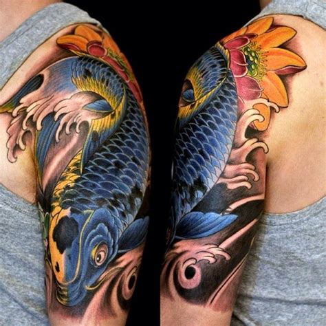 According to japanese mythology, when a koi managed to swim upstream and climb a waterfall, it was transformed into a dragon. koi fish tattoo, lotus tattoo by Meng Xiangwei ...