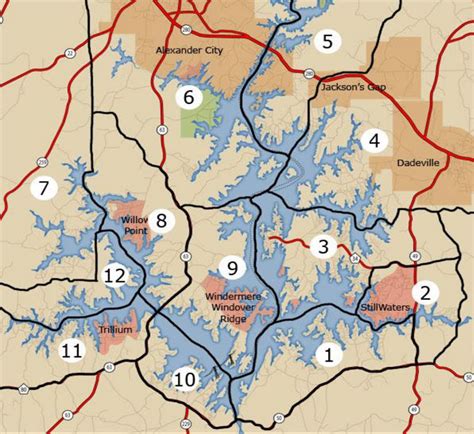 The martin dam powerhouse is used to generate hydroelectric power for the alabama power company. Lake Martin Alabama Maps | Marinas in Lake Martin