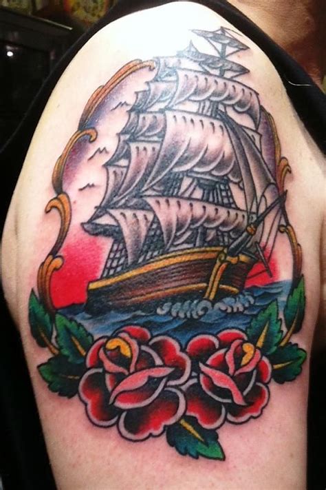 Roses are not just a beautiful flower but are popular choice for both women and men for a tattoo since the 1930's; Clipper Ship with Roses | Picture tattoos, Tattoos, Sailor ...