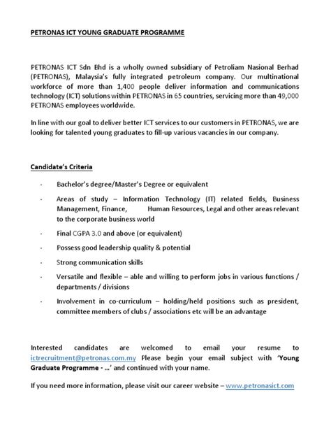 I am thinking of applying for the post of system support engineer. Petronas Ict Young Graduate Programme