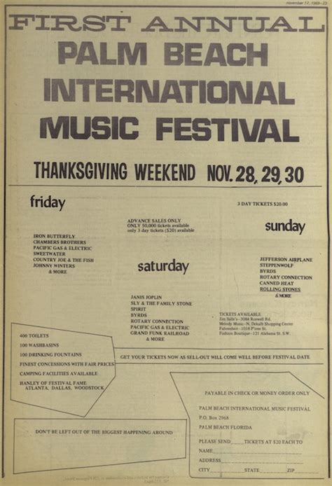 For many people, the only festivals in 1969 were the famous woodstock music and art fair and the infamous altamont speedway free festival. Palm Beach Pop Festival | The Concert Database