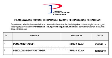 Jawatan kosong di keretapi tanah melayu berhad (ktmb) 2013 keretapi tanah melayu berhad (ktmb) mempelawa warganegara malaysia yang berkelayakan untuk memo hon jawatan kosong yang ditawarkan seperti yang berikut: Jawatan Kosong Terkini Perbadanan Tabung Pembangunan ...